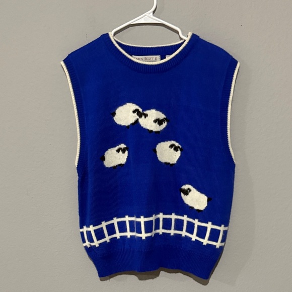 Rare vintage 80s 90s Karen Scott Ba ba black 🐑 Sheep Sweater Vest in blue - Picture 1 of 6